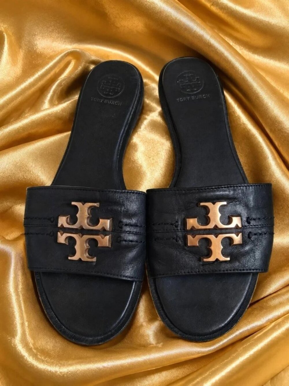 Tory Burch Eleanor Leather Slide Sandals with Gold Logo